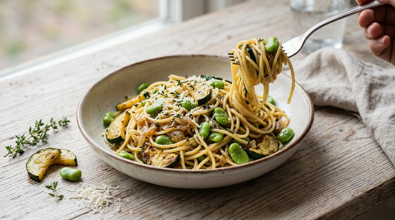 Spaghetti met courgette en tuinbonen
