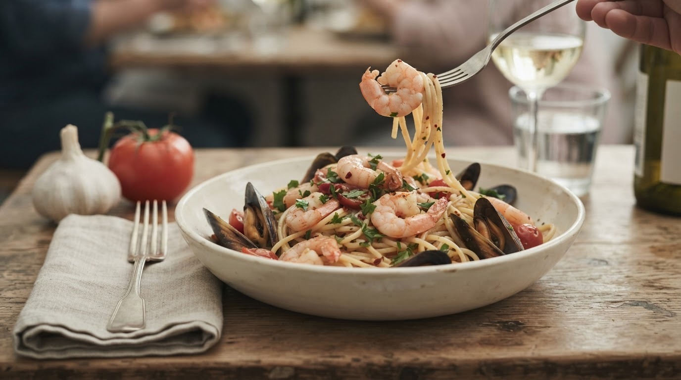 Spaghetti met garnalen en mosselen