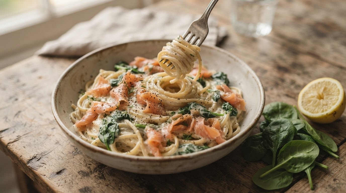 Spaghetti met gerookte zalm