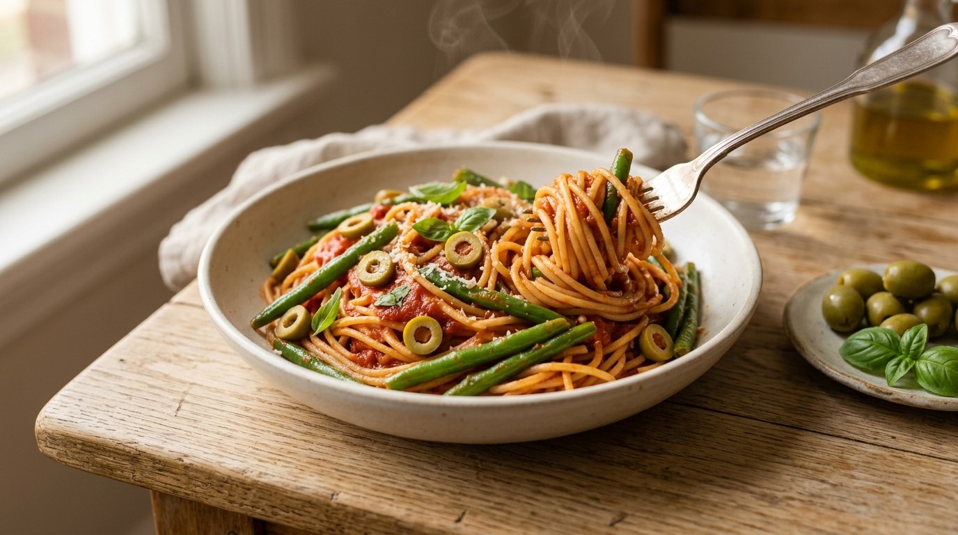 Spaghetti met Haricots Verts en Groene Olijven