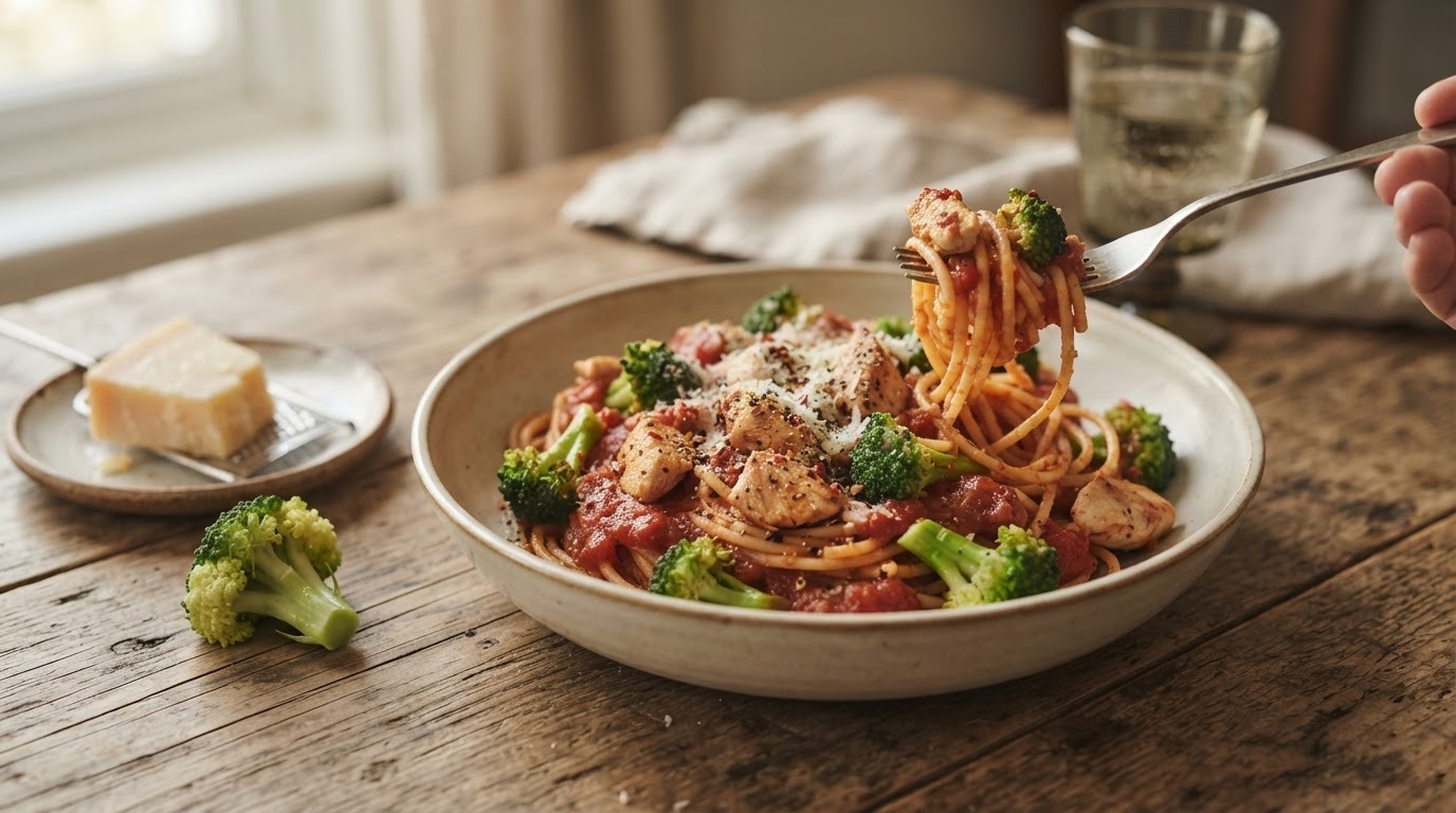 Spaghetti met kip en tomatensaus