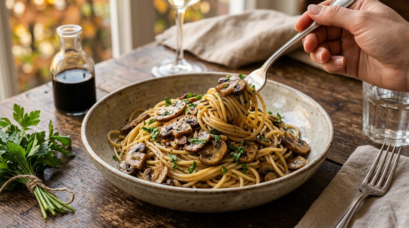 Spaghetti met knoflookchampignons