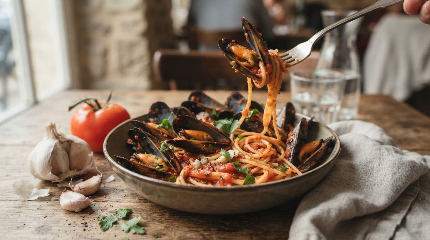 Spaghetti met mosselen en tomatensaus