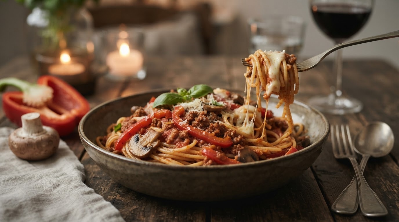 Spaghetti met paprika, gehakt en champignons