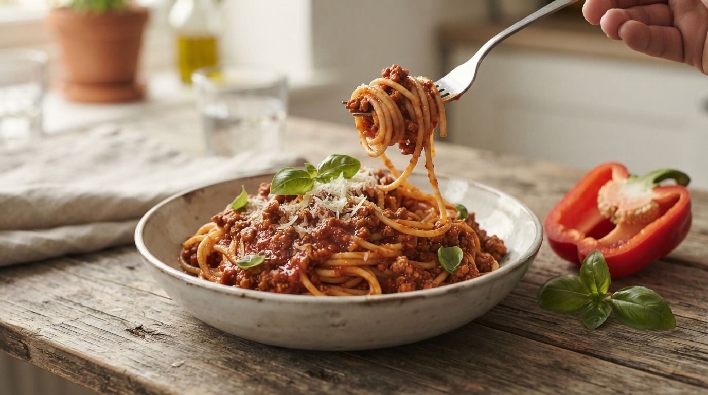 Spaghetti met Rietjes groentensaus en vegetarisch fijngehakt