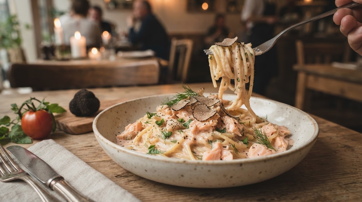 Spaghetti met romige zalmsaus en truffel