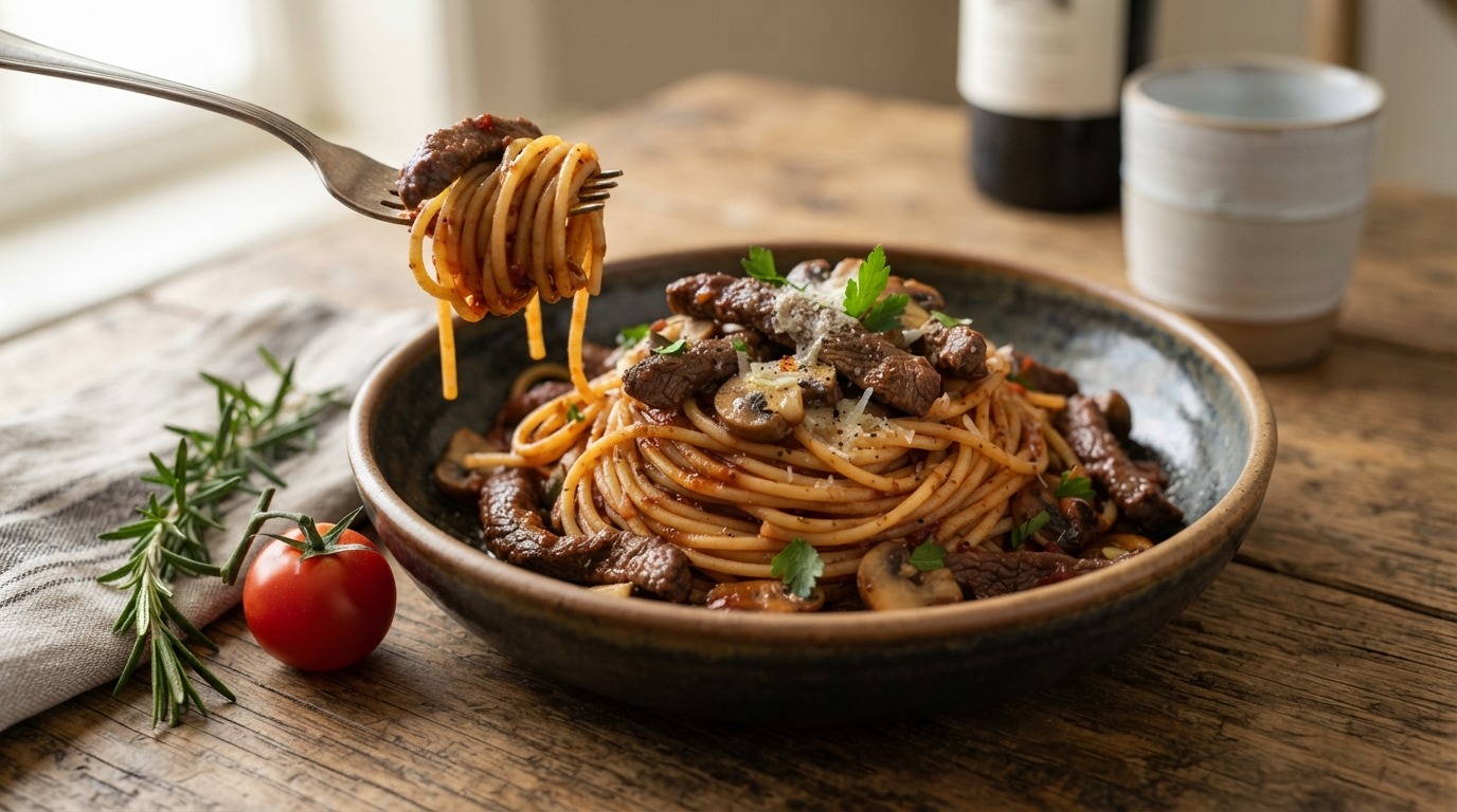 Spaghetti met rundvleesreepjes
