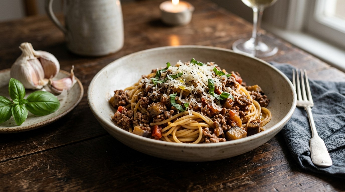 Spaghetti met tomaten-auberginesaus
