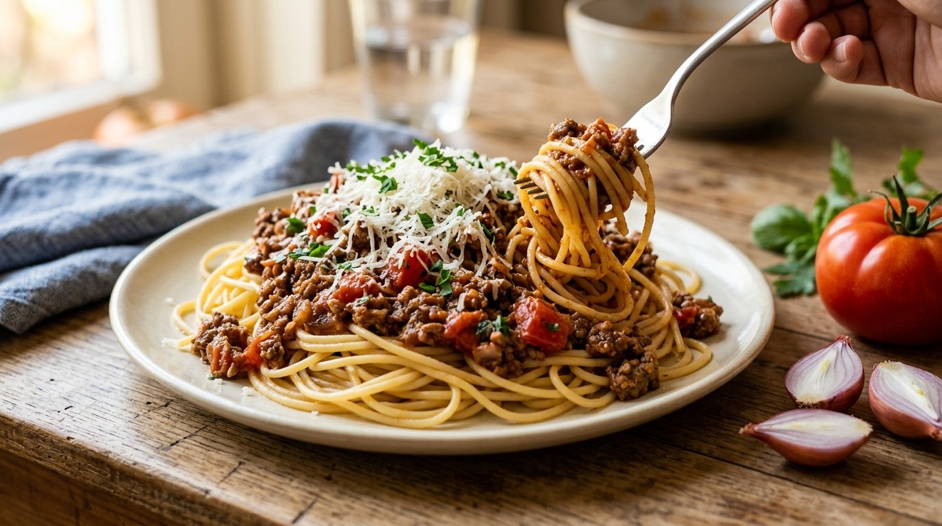 Spaghetti met tomaten-rundergehaktsaus