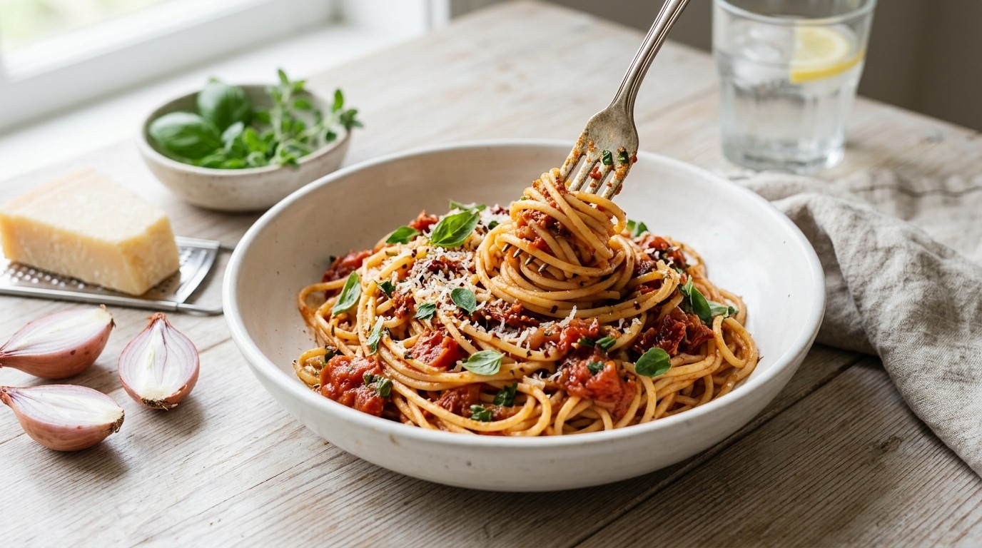 Spaghetti met tomatensaus, basilicum en majoraan