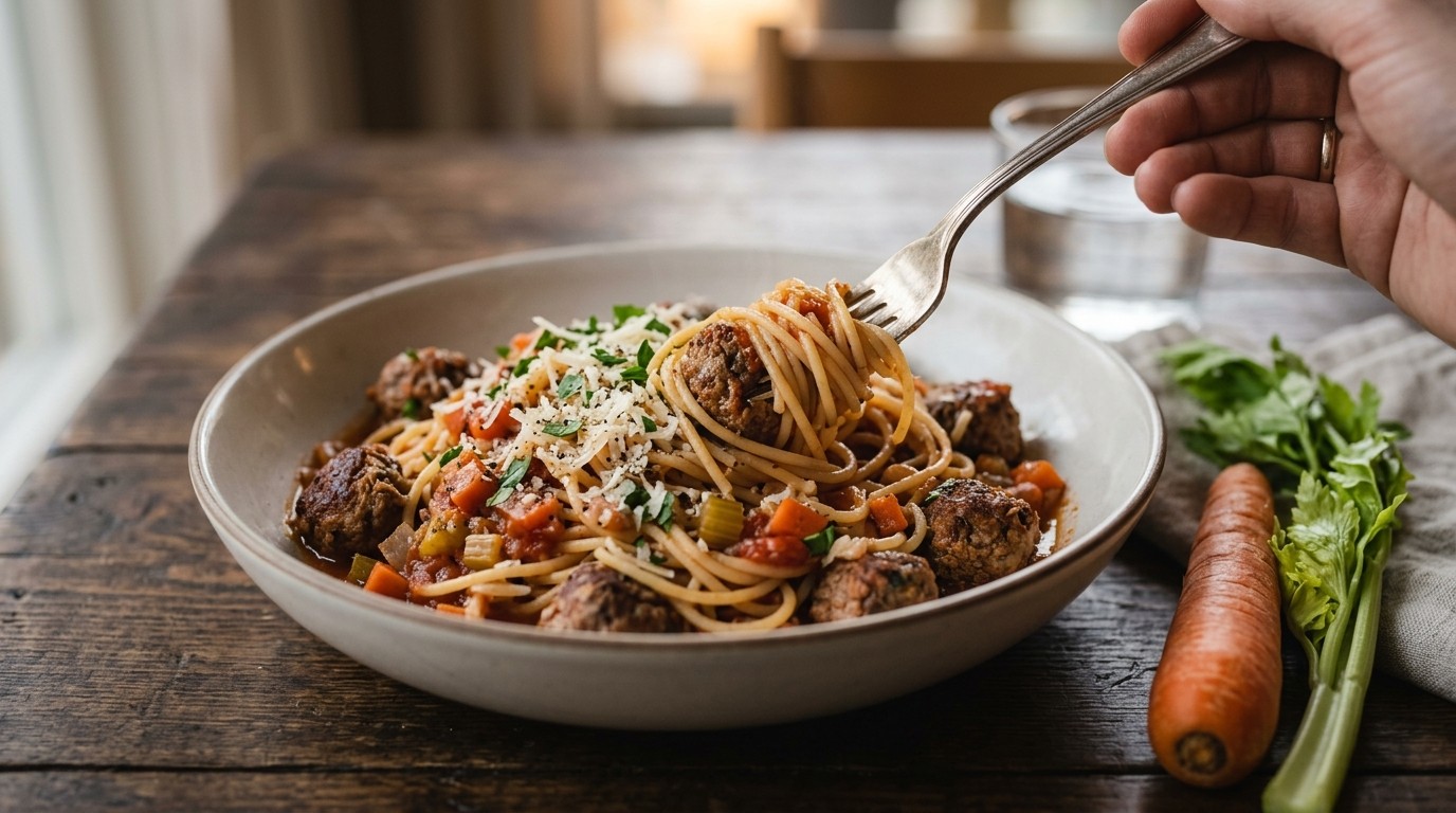 Spaghetti met tomatensaus en gehaktballetjes