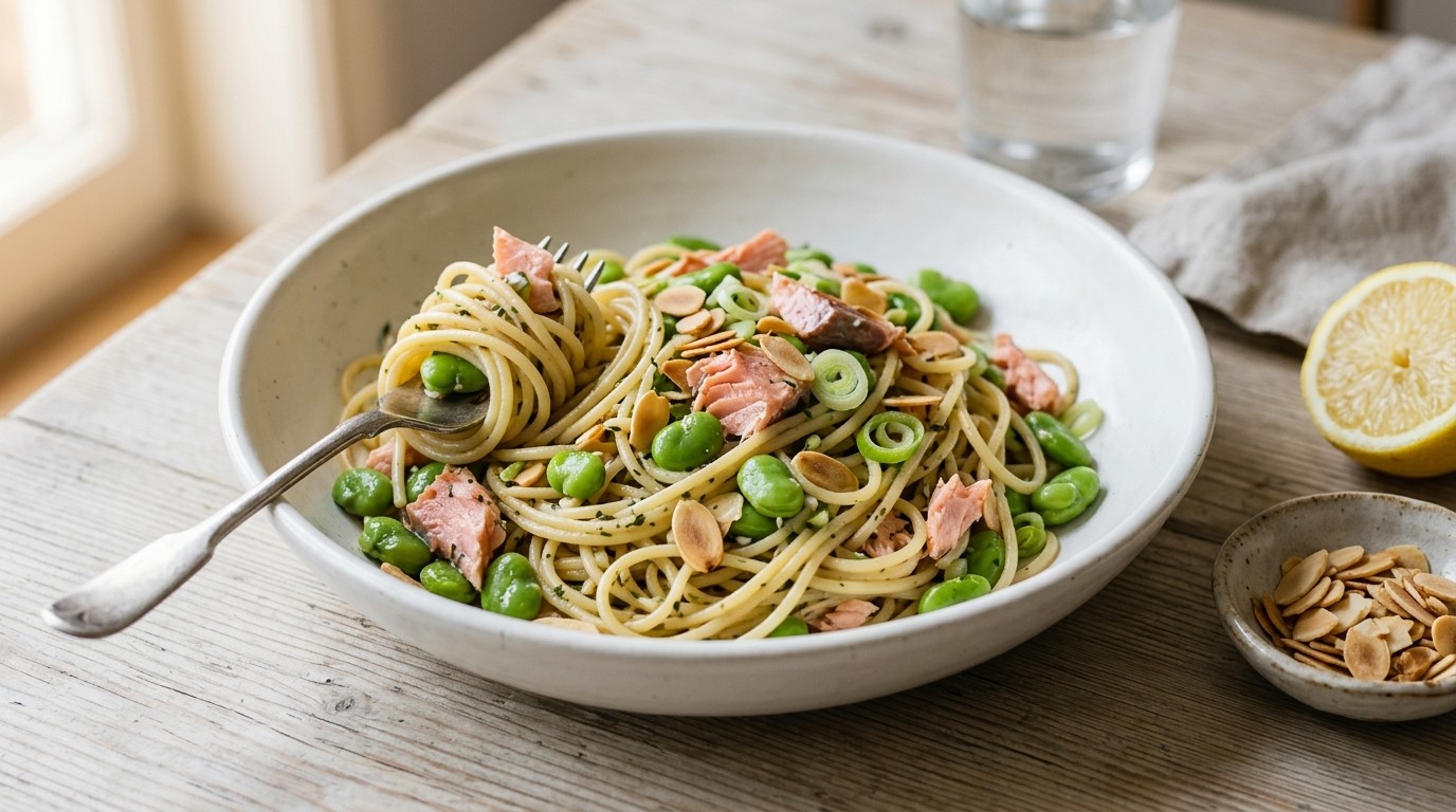 Spaghetti met zalm, tuinbonen en amandelen