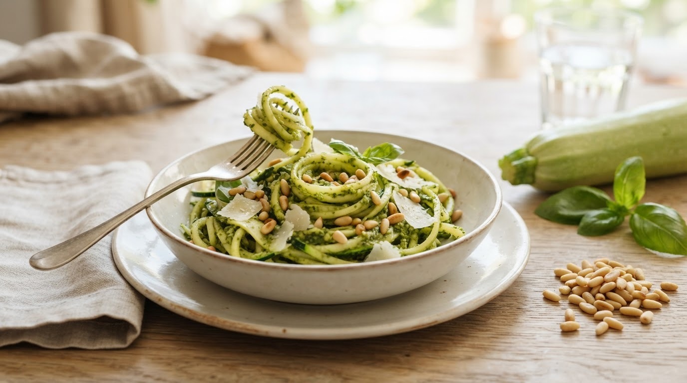 Spaghetti van courgettes met pesto