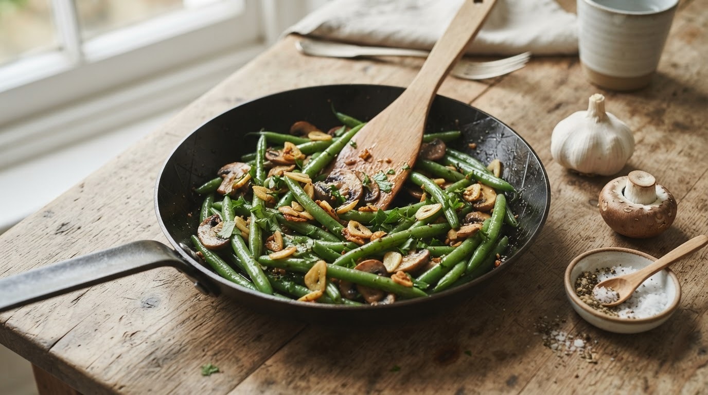 Sperziebonen met champignons en knoflook