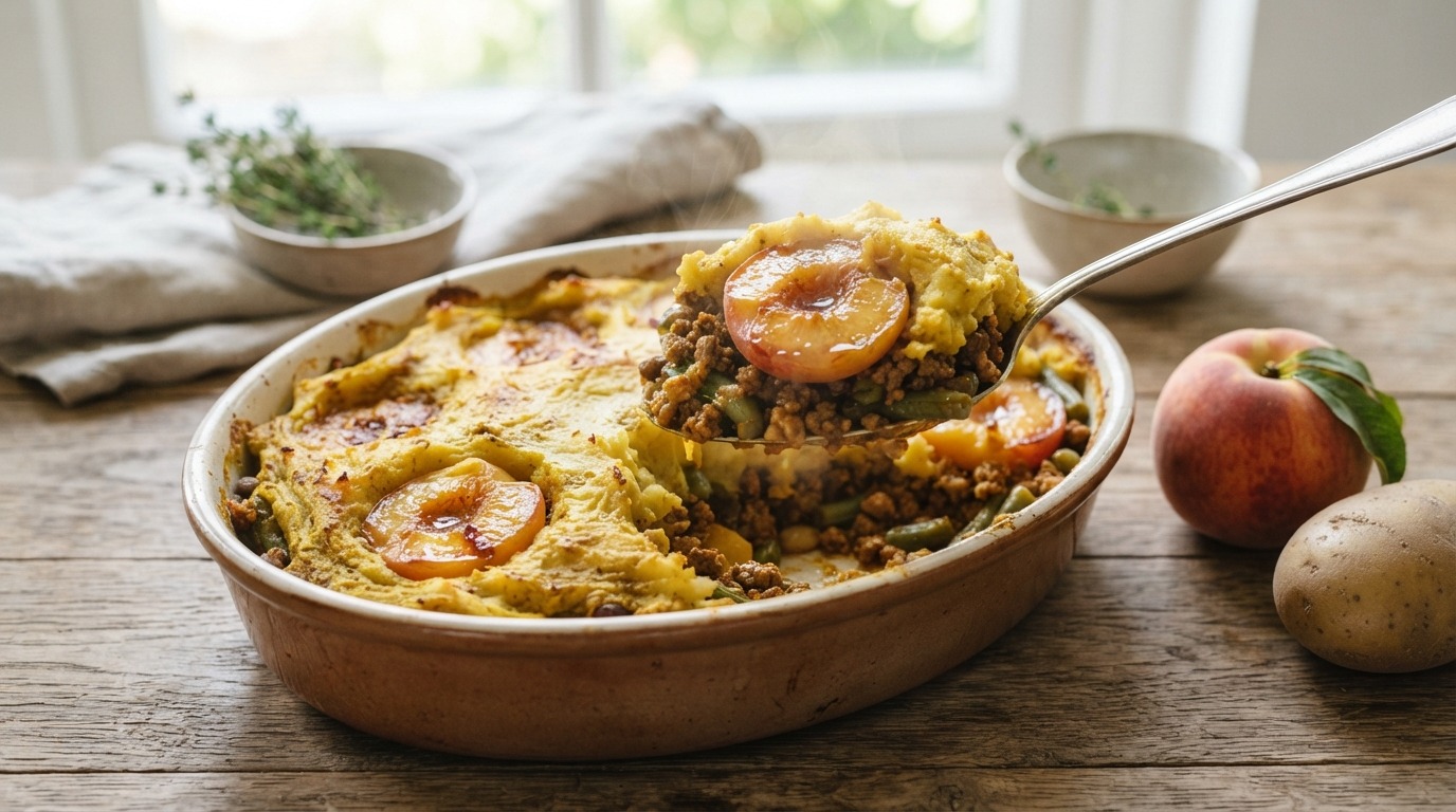 Sperziebonen ovenschotel met perzik