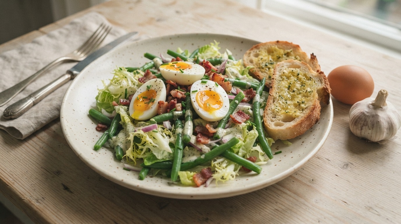 Sperziebonen salade met ei, spekjes en knoflooktoast