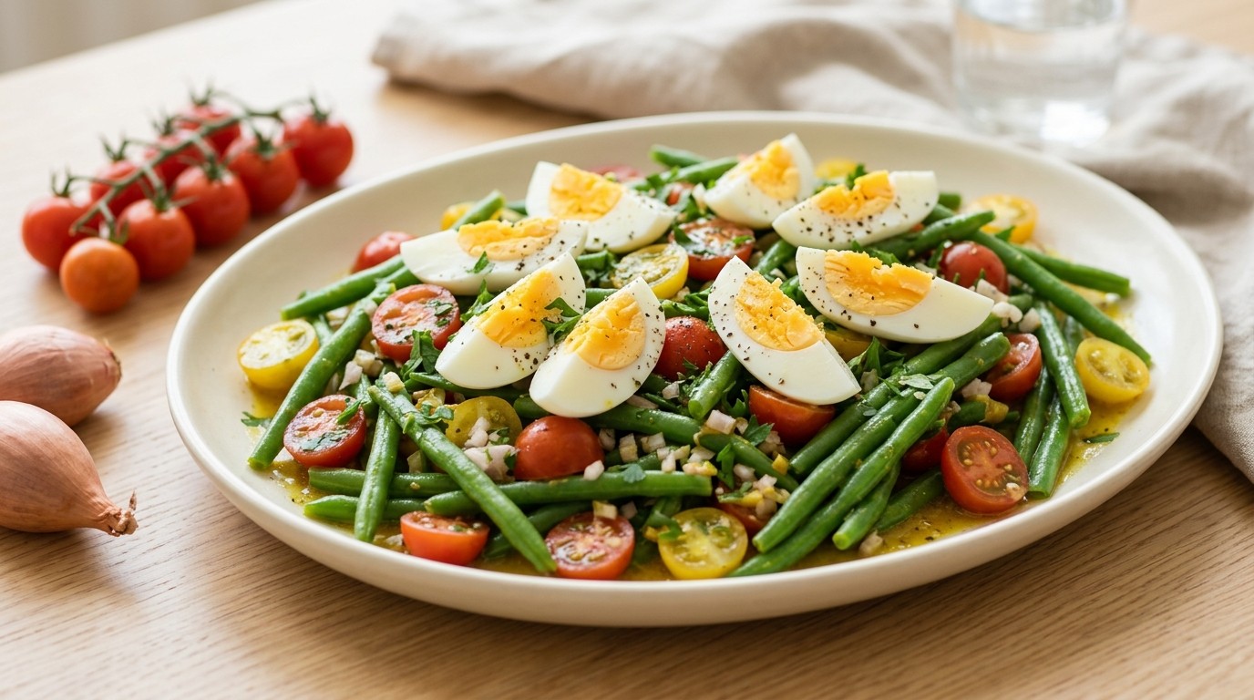 Sperziebonensalade met ei en kerriedressing
