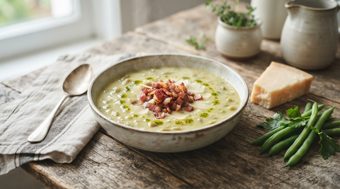 Sperziebonensoep met Parmezaanse kaas en een garnituur van katenspek