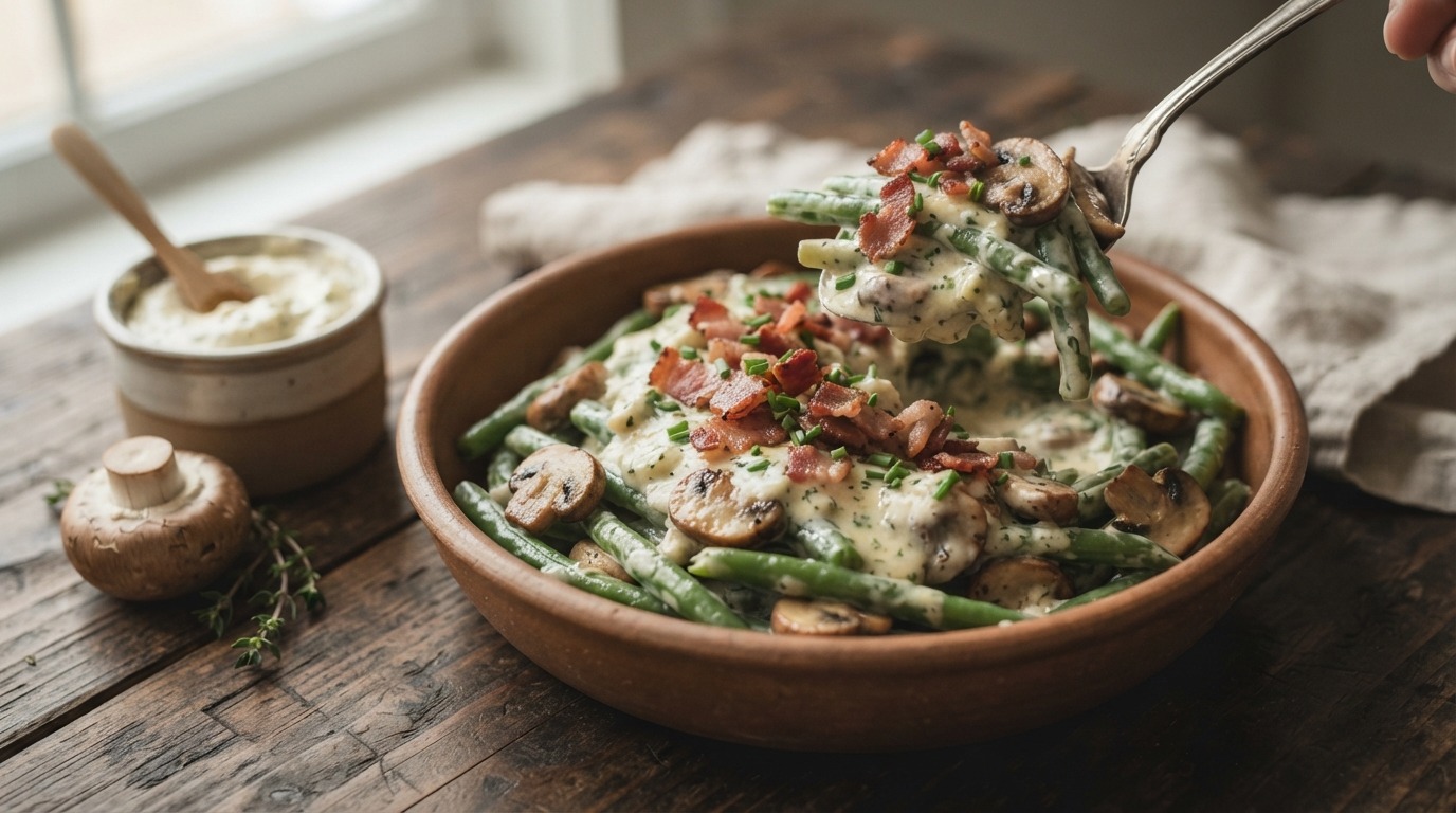 Sperzieboontjes met kruidenkaas en champignons