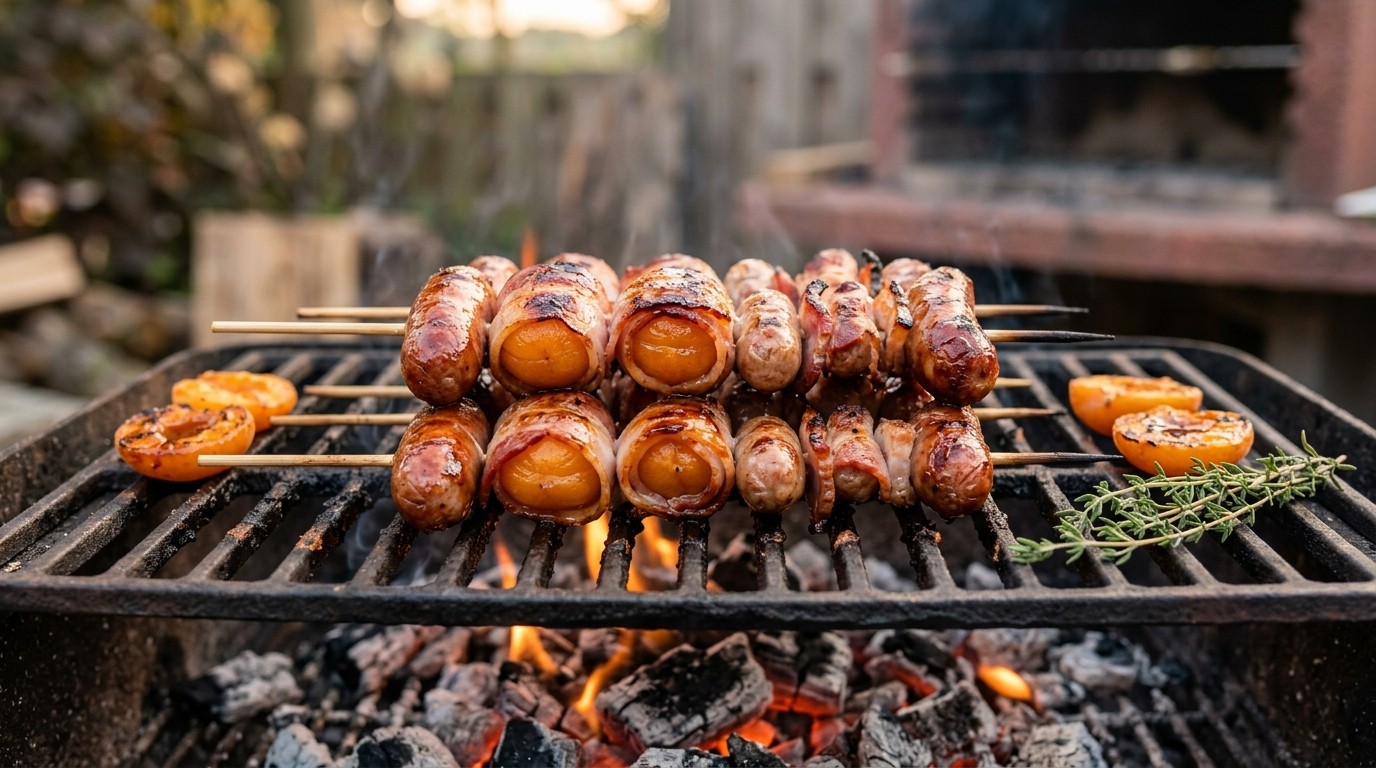 Spiesjes van barbequeworstjes, spek met abrikozen