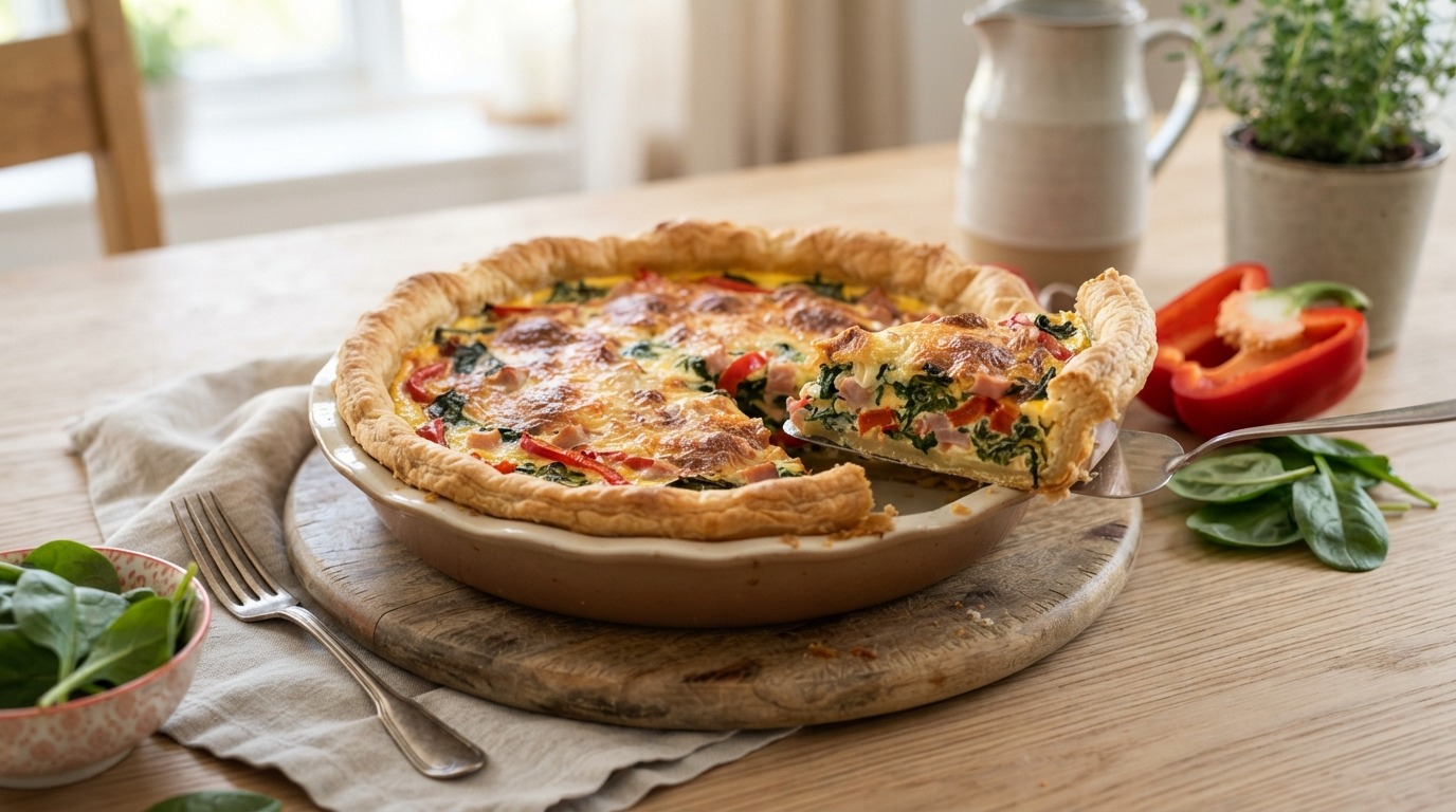 Spinazie quiche met paprika en reepjes ham