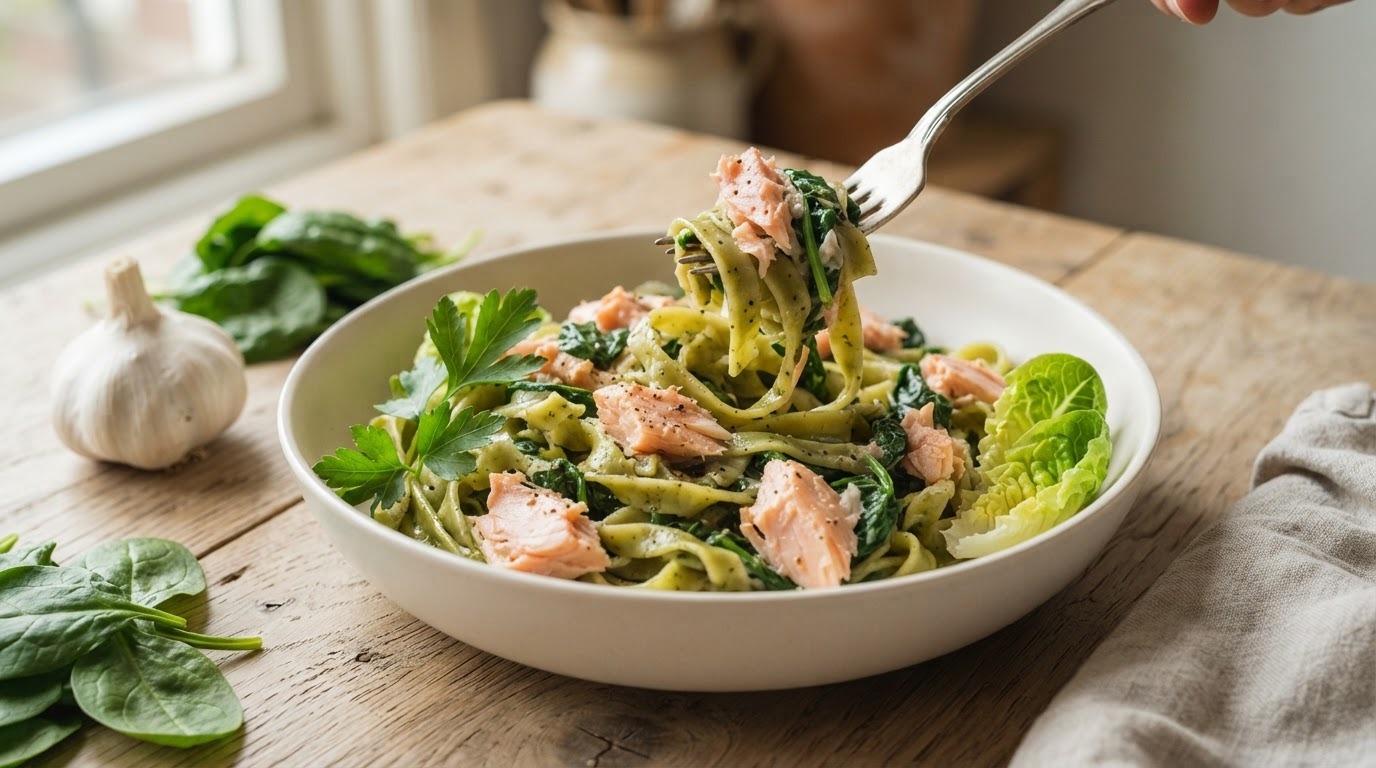 Spinaziepasta met zalm