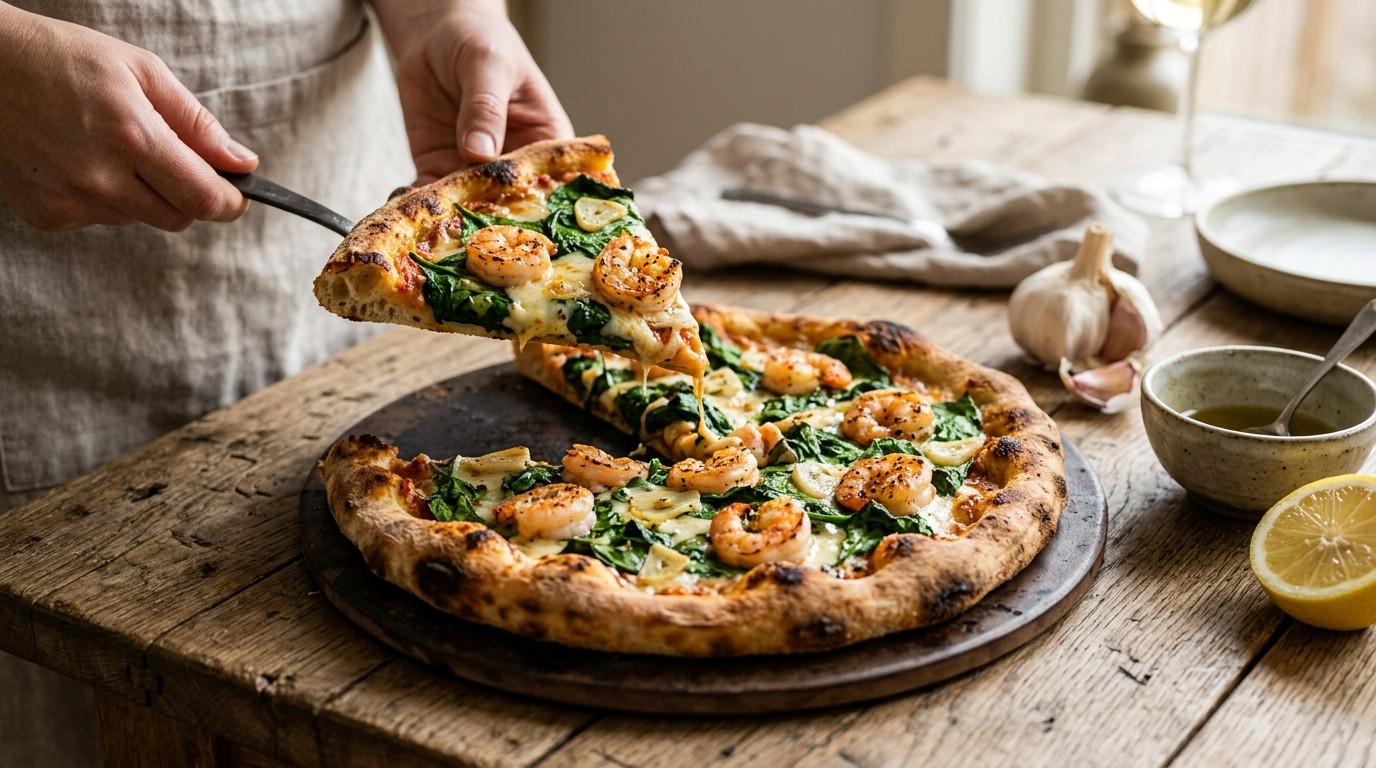Spinaziepizza met Knoflook en Garnalen