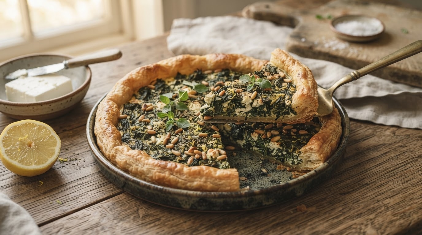 Spinazietaart met feta en pijnboompitten