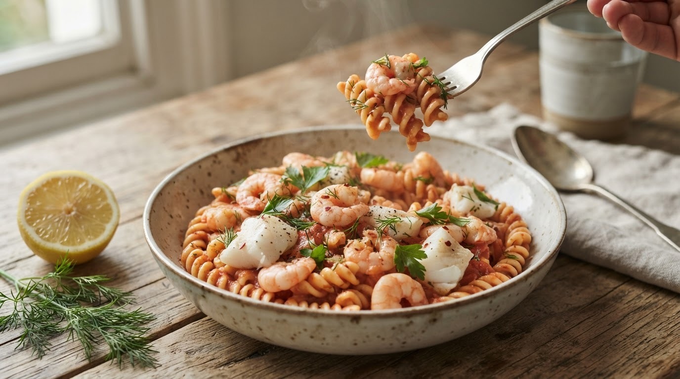 Spirelli met scampi & Victoriabaars