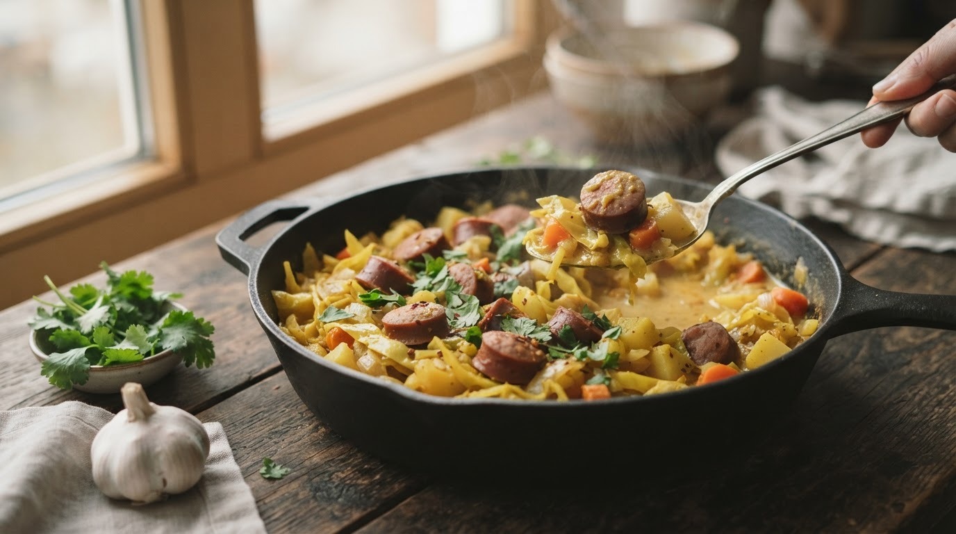 Spitskoolcurry met worst