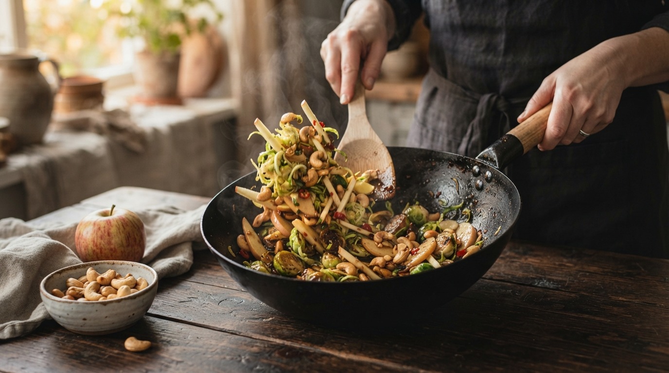 Spruitjes met appel en cashewnoten uit de wok