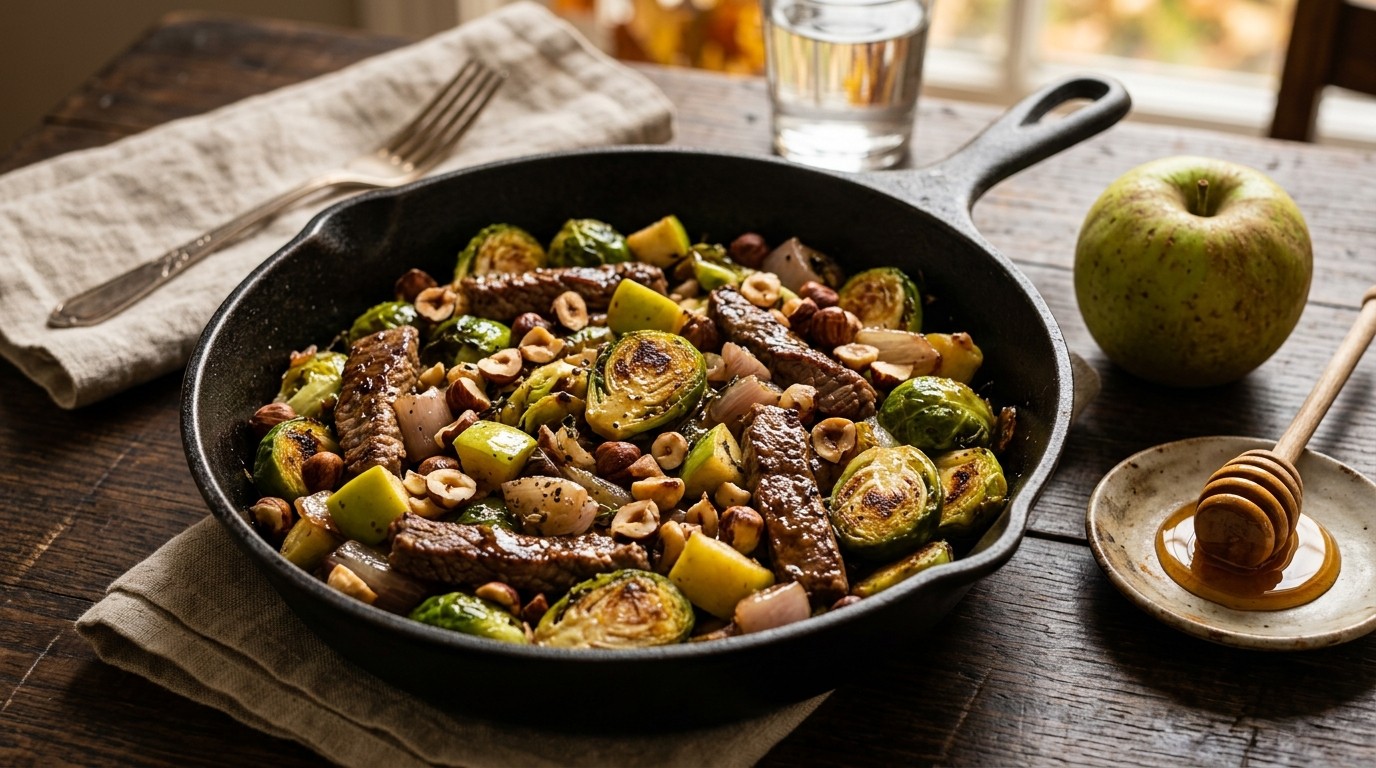 Spruitjes met Bieflapreepjes en Hazelnoten