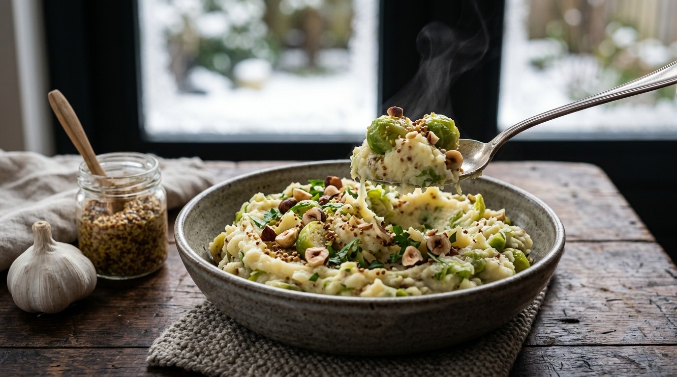 Spruitjesstampot met Mosterd en Hazelnoten