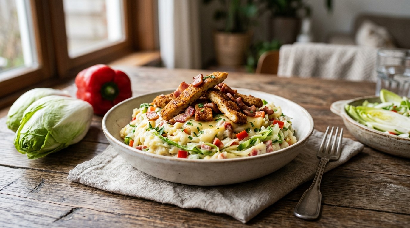 Stampot rauwe andijvie met shoarmaschnitzel, spekreepjes en paprika