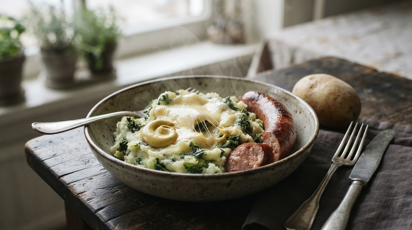 Stamppot groene kool met kaas en mosterd