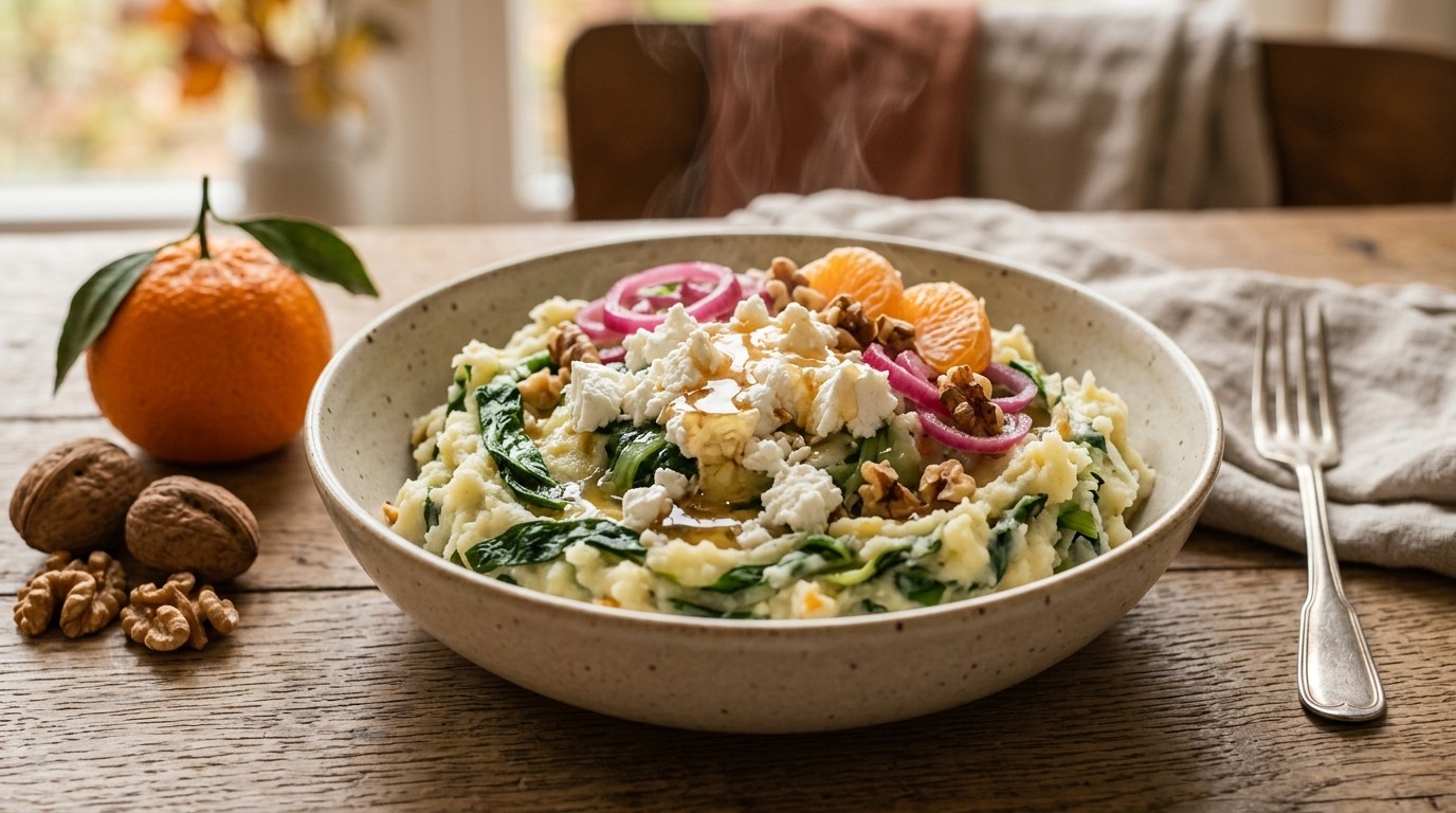 Stamppot met paksoi, geitenkaas en honing
