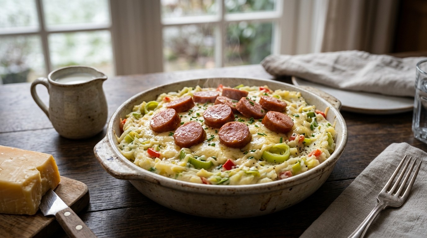 Stamppot Prei met Paprika en Rookworst