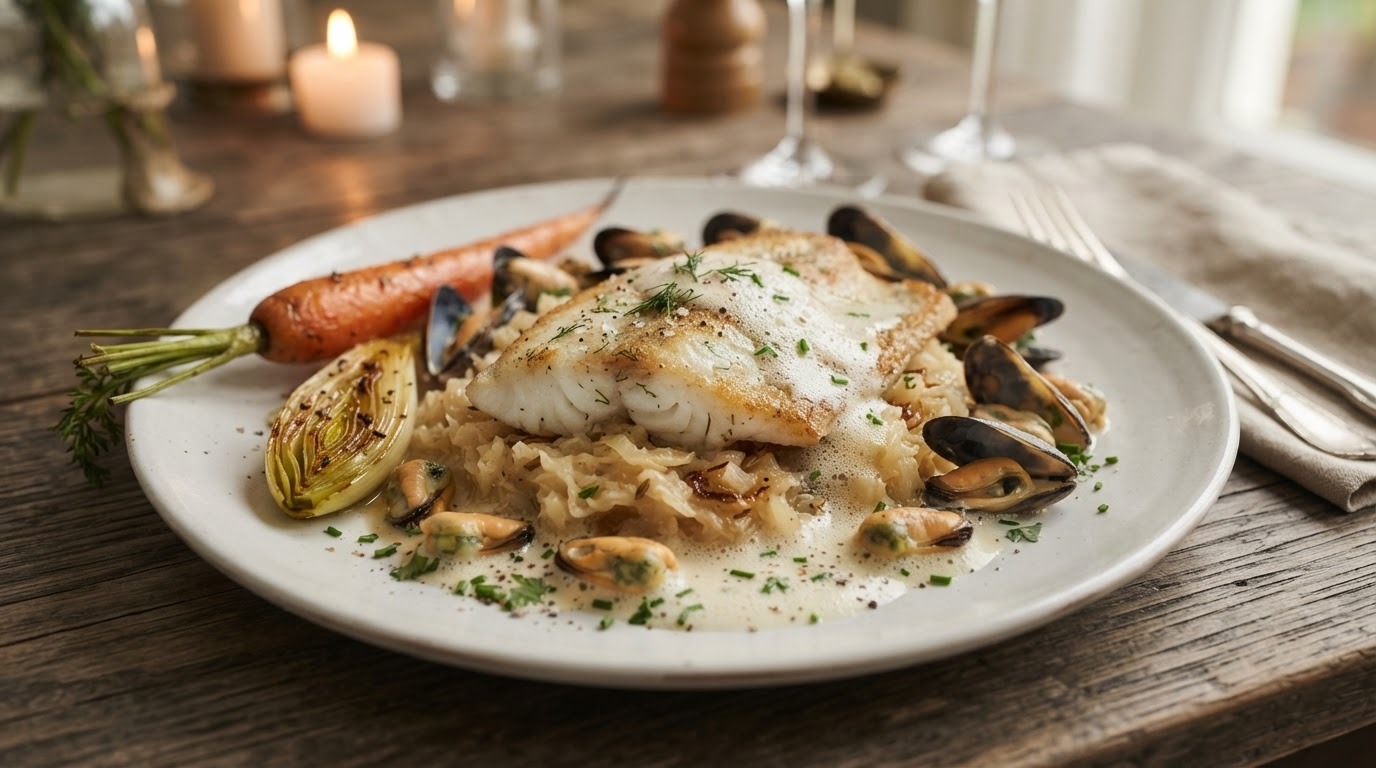 Steenschol met mosselen en romige zuurkool met saus van Verjus