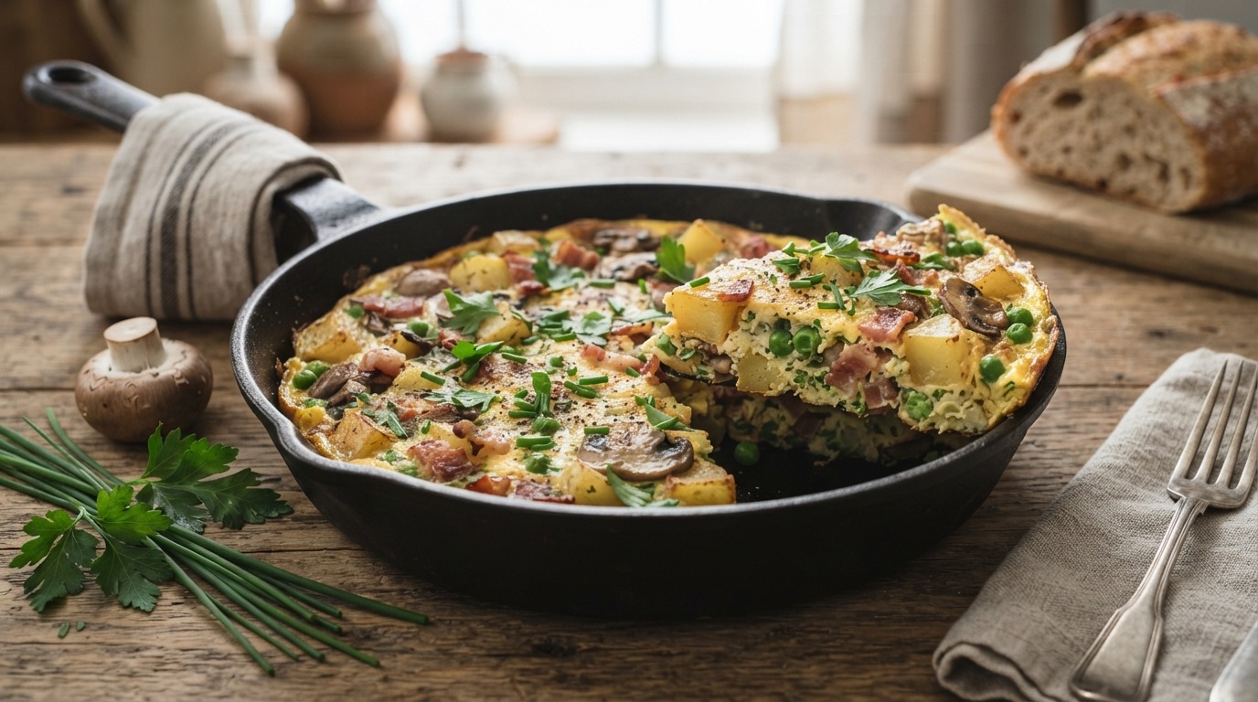 Stevige boerenomelet met tuinkruiden