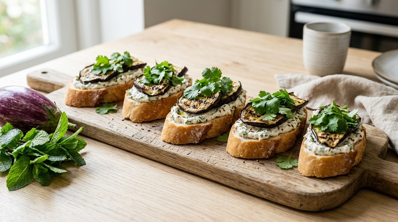 Stokbrood met Indiaas gekruide kwark en aubergine