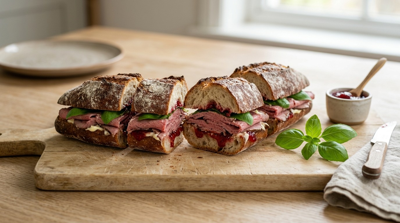 Stokbrood met rosbief en rode jam