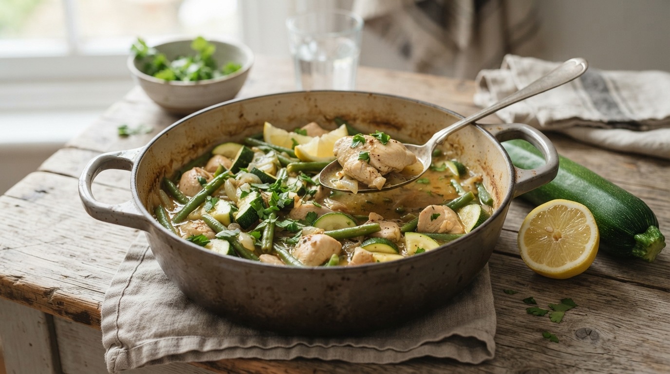 Stoofgerecht met kip, courgette en sperziebonen