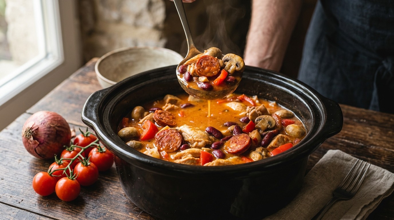 Stoofpotje van Kip/champignons/chorizo (slow-cooker)