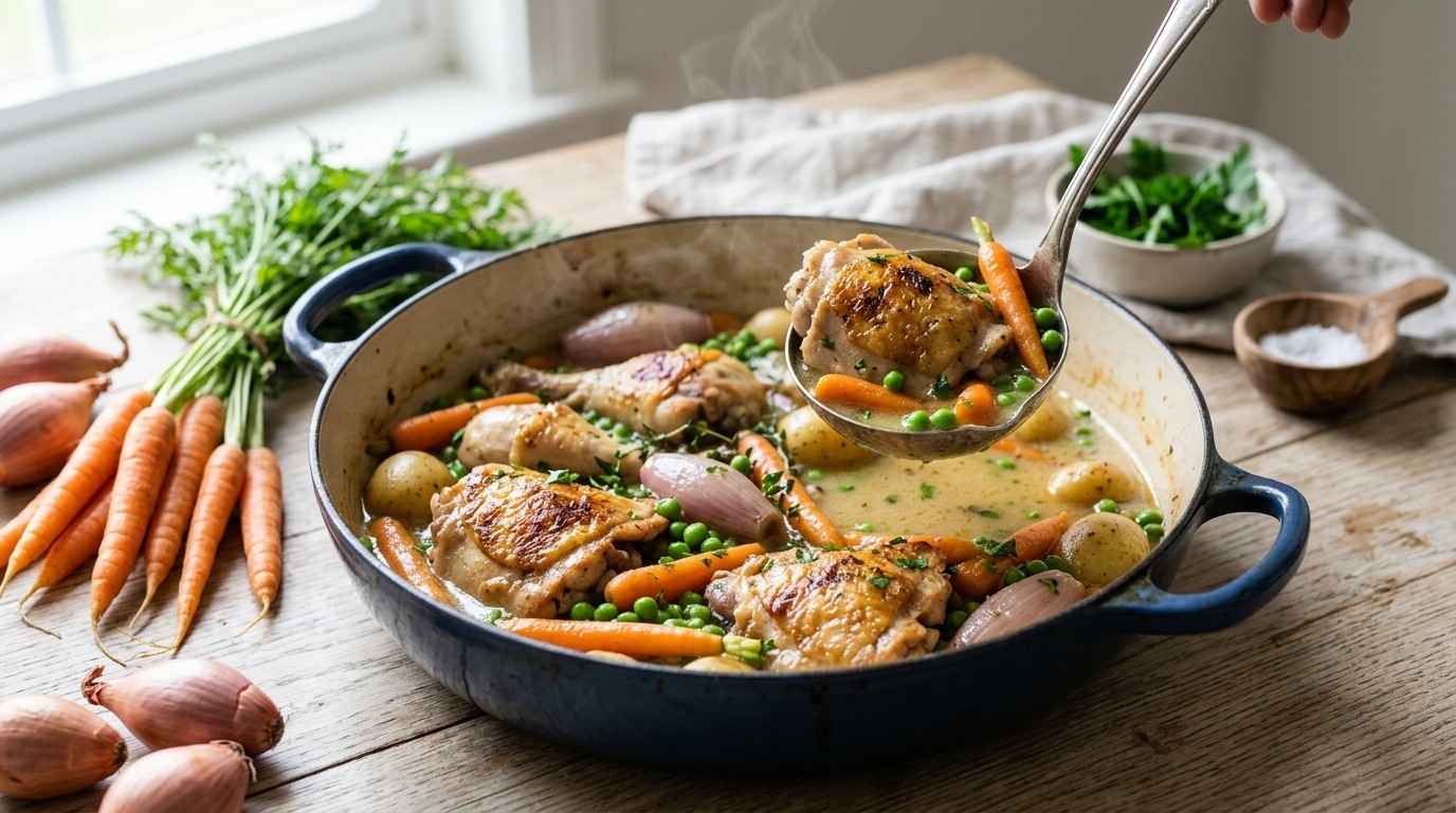 Stoofpotje van kip met voorjaarsgroente