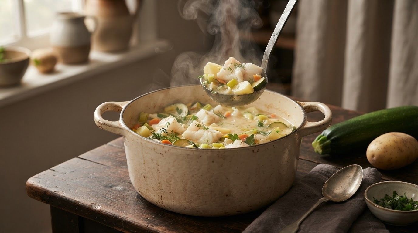 Stoofschotel met vis en courgette