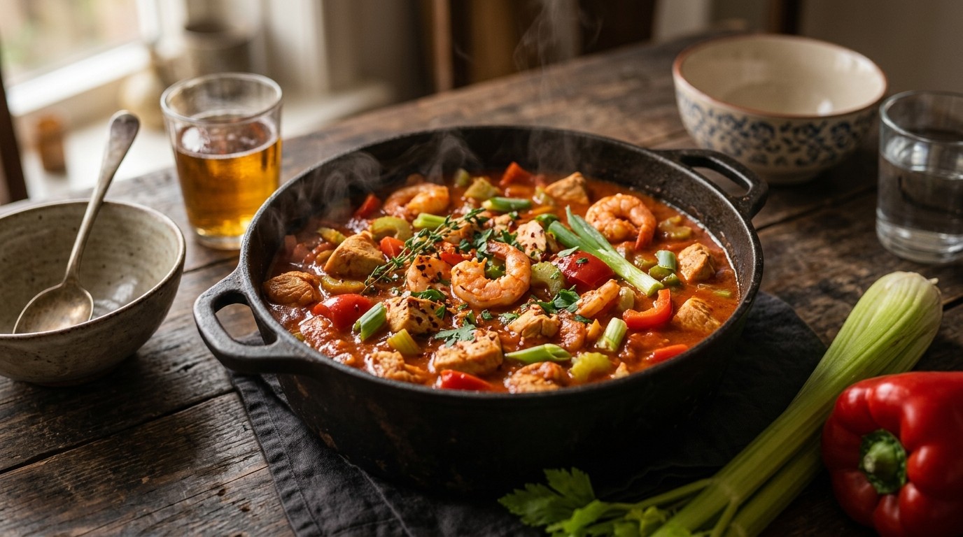 Stoofschotel van kipfilet met garnalen en cajunkruiden