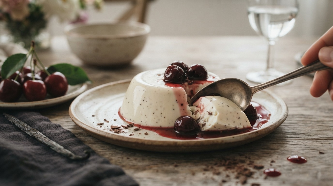 Stracciatella panna cotta met kersen