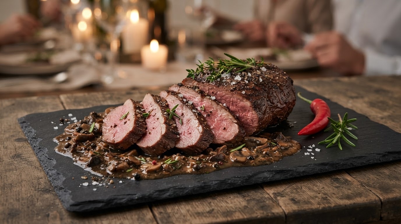 Struisvogelsteak met pittige pepersaus