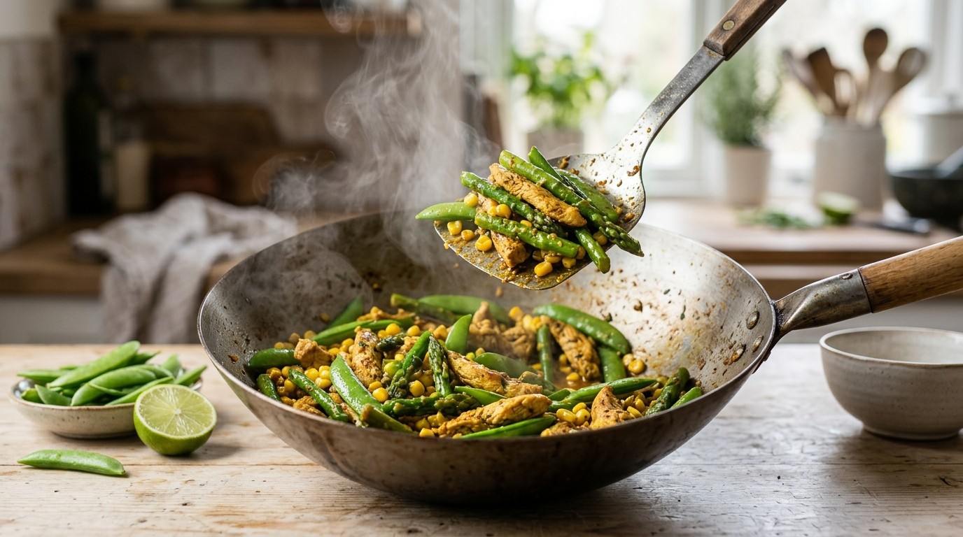 Sugar snaps met groene asperges in de wok