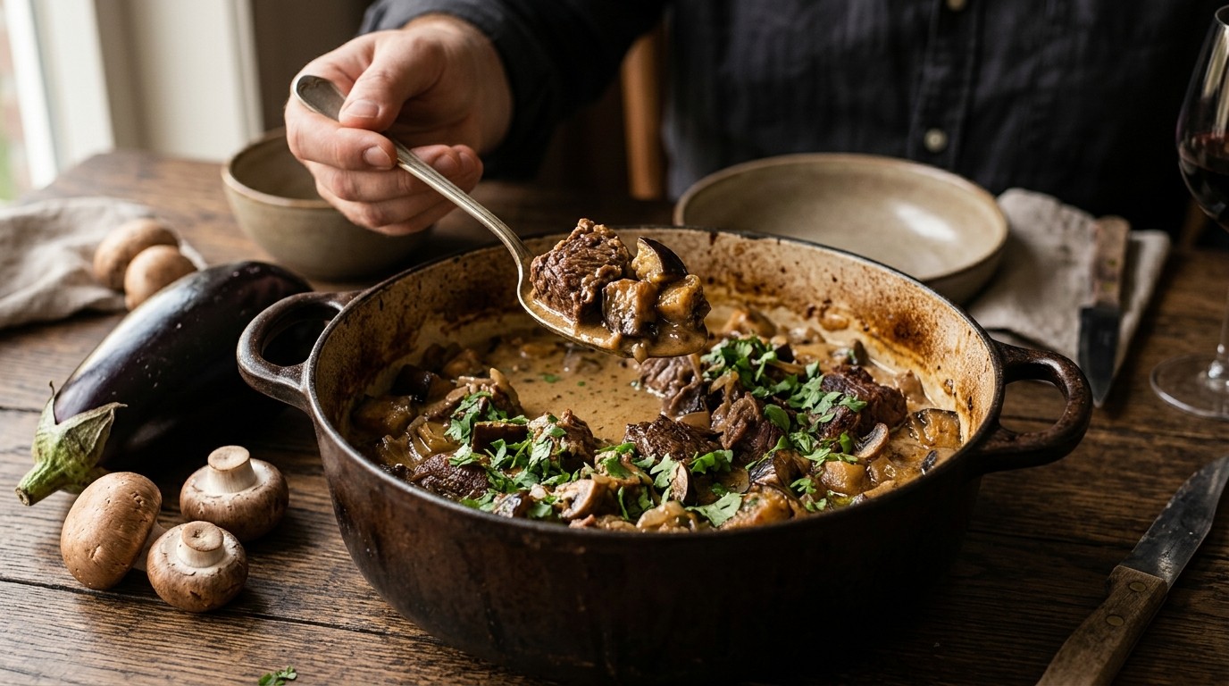Sukadevlees met aubergine